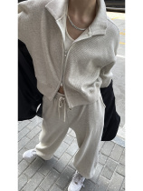 Autumn harbor style chic sports suit schoolgirl waffle gray zipper sweater casual pants two-piece set