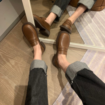 2021 New Joker Leather Loafers Women Round Head Casual Korean English Style Vintage Brown Small Leather Shoes Single Shoes