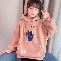 Girls Sweatclothes Autumn and Winter 2021 New Korean version of foreign style big childrens girls plus velvet padded Lamb hair top