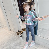 Girls Sunscreen Girl Shirt New Cotton Long Sleeve Thin Plaid Shirt Childrens Wear Korean Style Top