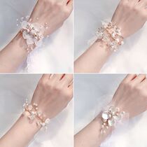 Bride bridesmaid wrist flower sister hand flower Moren series Super fairy bracelet champagne color simple ribbon pearl bracelet