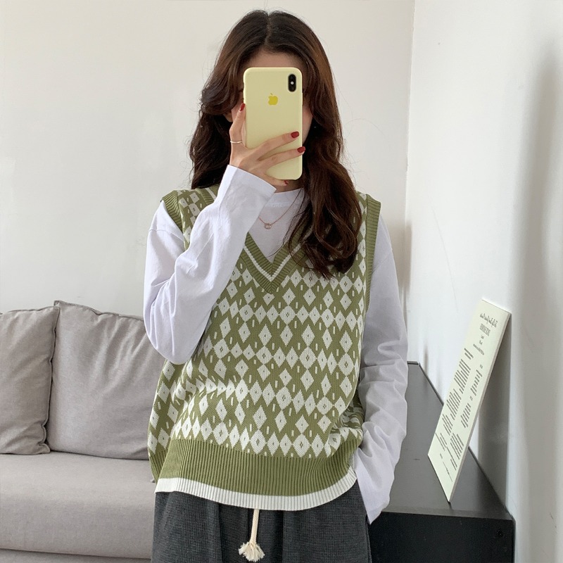 Shirt Overlay Knitted Vest Women's Outwear New 2023 Autumn Vintage Plaid Top This Year's Popular Vest