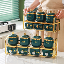 Ceramic light luxury seasoning box seasoning Pot Kitchen square seasoning jar green household rust-proof drawer combination set