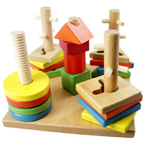 Montessori children early education educational toys Wooden building blocks Three-dimensional geometric shape matching five-column teaching aid set