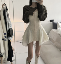YUMMY Korean girl Autumn retro small sexy rice white cotton sling dress knitted blouse set women