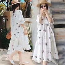 Pregnant women summer suit fashion 2021 new color cotton and hemp V-neck maternity dress two-piece set of medium and long models