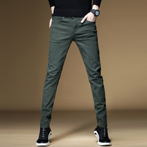 Army green jeans mens summer thin trendy brand slim small pants Mens elastic loose straight casual pants