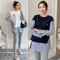 Pregnancy Woman Dress Spring Clothing Fake Two Splicing Stripe Long Sleeve Blouse 2022 Spring Autumn New Fashion Korean Version Pregnant Woman T-Shirt