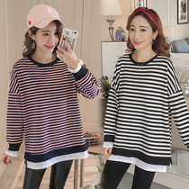 Pregnancy Woman Dress Spring Dress 2022 New Fashion Korean Version Long Sleeve Striped Blouse Spring Mid-Length T-shirt Pregnant clothes