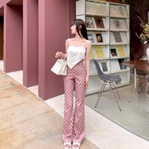CHICYOU (through zui slim pink pants) summer thin pink lattice pants micro horn trousers tide