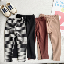 2021 spring children 100 hitch bottom pants boy girl pure cotton elastic skintight pants baby small foot pants retro color
