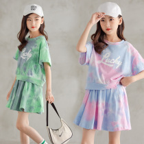GIRL SPORTS SUIT FOREIGN AIR MESH RED T-SHIRT SUMMER DRESS 2022 NEW CUHK CHILD CASUAL DRESS PANTS SHORT SLEEVES SHORT SKIRT TIDE