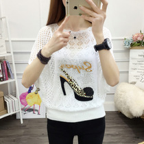 Knitted sweatshirt thin woman loose autumn clothing 2022 new wave womens clothing spring short sleeves big code bat-shirt hollowed-out blouses