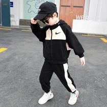 Childrens clothing boy plus velvet suit 2021 new autumn and winter two-piece small childrens winter clothing thick Korean version handsome tide