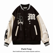 Park Fong high street LA embroidered flame pud sleeve baseball suit men and women loose couple hip hop jacket jacket