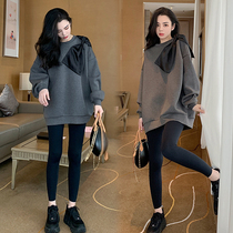 Autumn new Korean version of pregnant women loose slim sweater foreign style set tide mother top bow base shirt tide