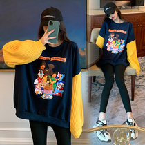 Spring Autumn Dress New Korean Version of Pregnancy Maternity Dress with Cartoon Sweatshirt Foreign Air Splicing Blouse Autumn Jersey