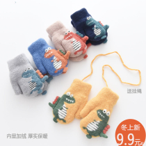 Childrens gloves winter boys cute baby children gloves plus velvet thickened warm bag finger lanyard 1 year old 2-5 years old