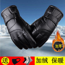 Leather gloves men and women winter riding warm plus velvet padded cotton leather driving motorcycle thin windproof