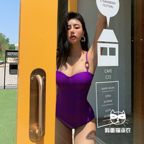 Kames cat ins swimsuit womens one-piece sexy chest gather new hot spring resort purple bikini hot girl