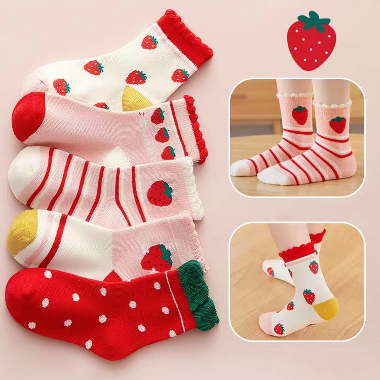 Ruffled Spring and Autumn Style 0-12 Year Old Children's Socks Autumn Boys' Red Girls' Mid tube Socks Strawberries for Primary and Secondary School Students