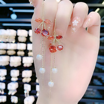 South Korea East Gate new red zircon Cherry ear line temperament long tassel earrings Super fairy face thin earrings