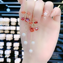 South Korea East Gate new red zircon Cherry ear line temperament long tassel earrings Super fairy face thin earrings