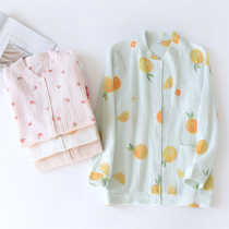 Cotton crepe pajamas womens single piece top long sleeve cardigan cute spring and autumn thin cotton gauze homewear