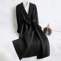 Black double-sided cashmere coat womens long knee 2021 new high-end slim autumn and winter woolen coat