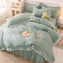 European cotton Pure cotton four-piece set bed skirt embroidery ruffle quilt cover simple solid color Princess wind bedding