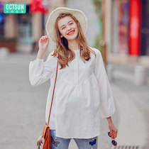 Maternity dress spring shirt White shirt loose professional spring and autumn fashion medium and long cotton small fresh maternity top