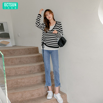 Pregnant women autumn suit fashion new casual striped shirt jeans hot mom set Korean autumn out tide
