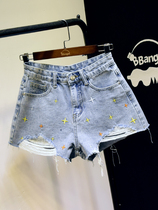 Korea 2021 summer embroidery hole denim shorts women thin high waist A word wide leg pants vintage flash hot pants