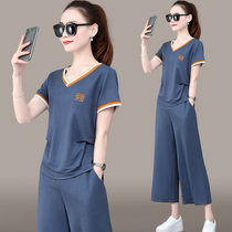 Ice silk cotton linen short-sleeved sports suit womens summer 2021 new loose V-neck Western style casual wide-leg pants sportswear