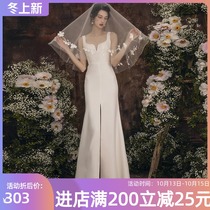 French sling light wedding dress 2021 New temperament fishtail light luxury go out yarn vintage satin high-end dress dress women