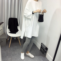 Gestational Woman Dress White T-Shirt Woman Spring Autumn Season Loose 70% Sleeves Mid-Length pure cotton Nets open fork blouses undershirt