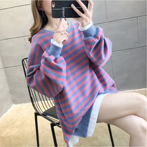 Loose Big Code Pure Cotton Gestation Woman Dress Spring Autumn Winter Long Sleeve Stripe Fake two-piece Weater Velvet Thickened Blouse T-shirt