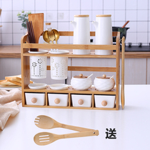 Kitchen ceramic covered seasoning box set oil pot chopstick tube combination creative home upper and lower double shelf