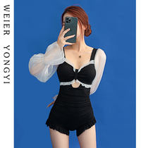 Swimsuit female new sexy black one-piece long sleeve sunscreen girl conservative small chest covering belly thin student Hot Spring