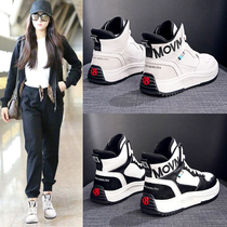 Leather high-top shoes women 2021 new autumn and winter explosive Joker students plus velvet sports leisure board shoes ins tide