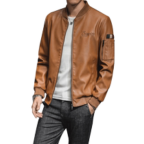 Mens small stand-up collar Khaki slim slim Korean version of motorcycle leather leather mens baseball suit plus velvet warm jacket