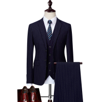 Dark blue vertical striped suit three-piece hipster fat plus fat plus size wedding suit slim fit host