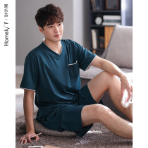 Lycra cotton] Carrefing pajamas mens summer cotton short-sleeved shorts homewear mens summer thin summer