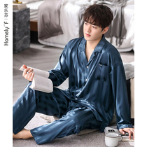 (Cool Feeling) Sleepwear Mens Spring and Autumn Festival Silk Ice Silk Long sleeves Home Clothing Males emulated Silk Spring Four Seasons