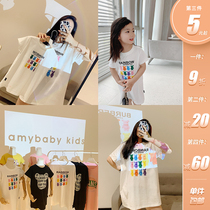  Amybaby net celebrity parent-child pure cotton mother-daughter dress Western style cartoon print loose casual T-shirt skirt