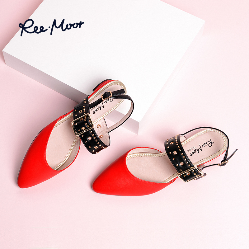 Reemoor new Baotou sandals thick heel women's single shoes autumn fashion pointed flat sole shoes Ruimu women's shoes