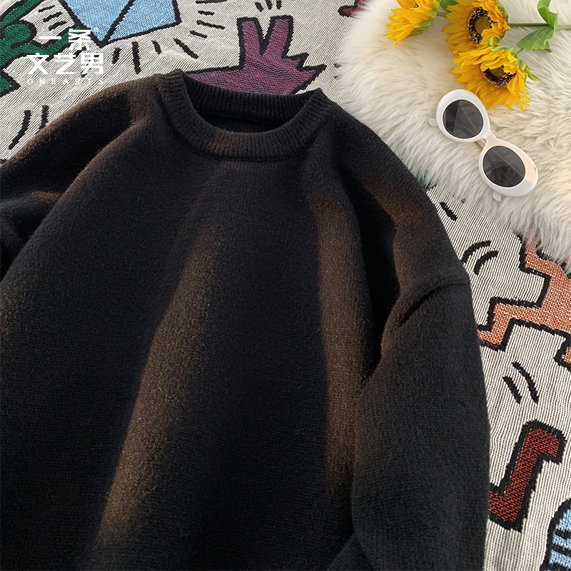 豪華なセーターメンズ冬ラウンドネックプルオーバールーズシンプルな無地トレンディなブランド怠惰なスタイル黒のセーター
