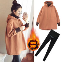 Pregnant women winter suit fashion coat fake two pieces plus velvet thick hooded sweater female tide mother autumn and winter out