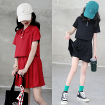 Girl POLO shirt suit foreign air CUHK child summer clothing jk plexus dress child baseball net red two-piece set
