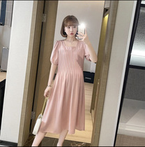 Maternity dress summer pink square collar short sleeve satin lace pleated skirt loose size summer thin skirt